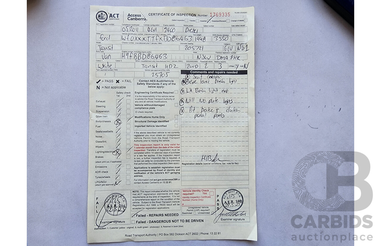 5/2011 Ford Transit HIGH (lwb) VM MY08 Van White 2.4L
