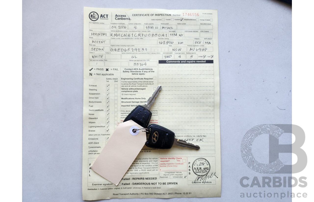 9/2006 Hyundai Accent 1.6 MC 4d Sedan White 1.6L