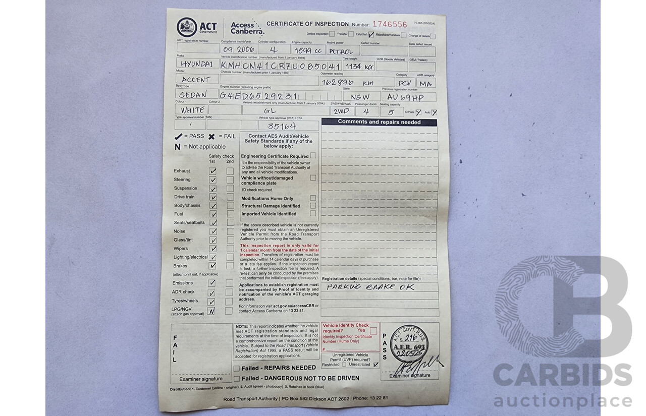9/2006 Hyundai Accent 1.6 MC 4d Sedan White 1.6L