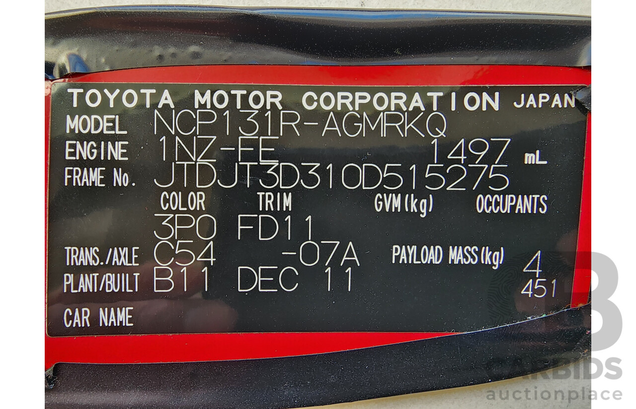 1/2012 Toyota Yaris ZR NCP131R 3d Hatchback Red 1.5L