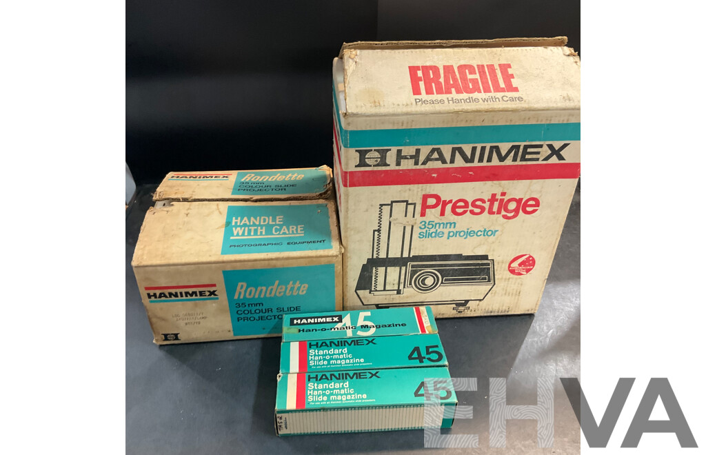 2 X Vintage HANIMEX 35mm Slide Projectors (800RF & 1800RF) with 3 X Han-o-matic Magazines