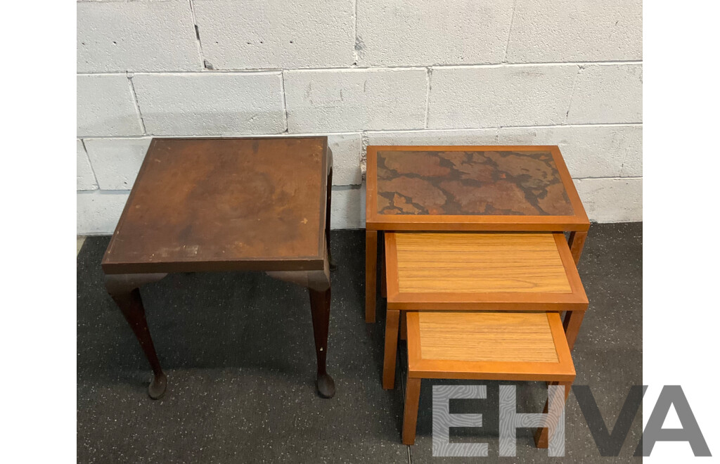 Vintage Square Carved Side Table &  Wood Grain Nesting Tables