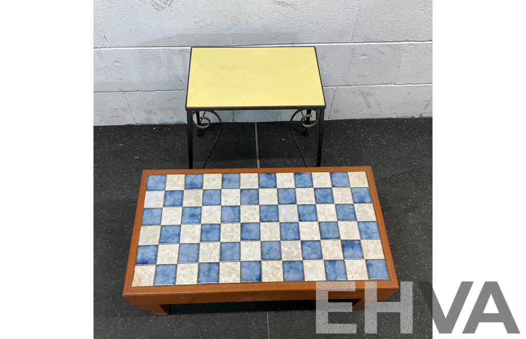 Vintage Yellow Tile Top Metal-Leg Table & Blue with White Damier Table