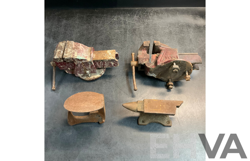 2x Vintage Dawn Engineers Vice & 2x Vintage Anvil - Lot of 4