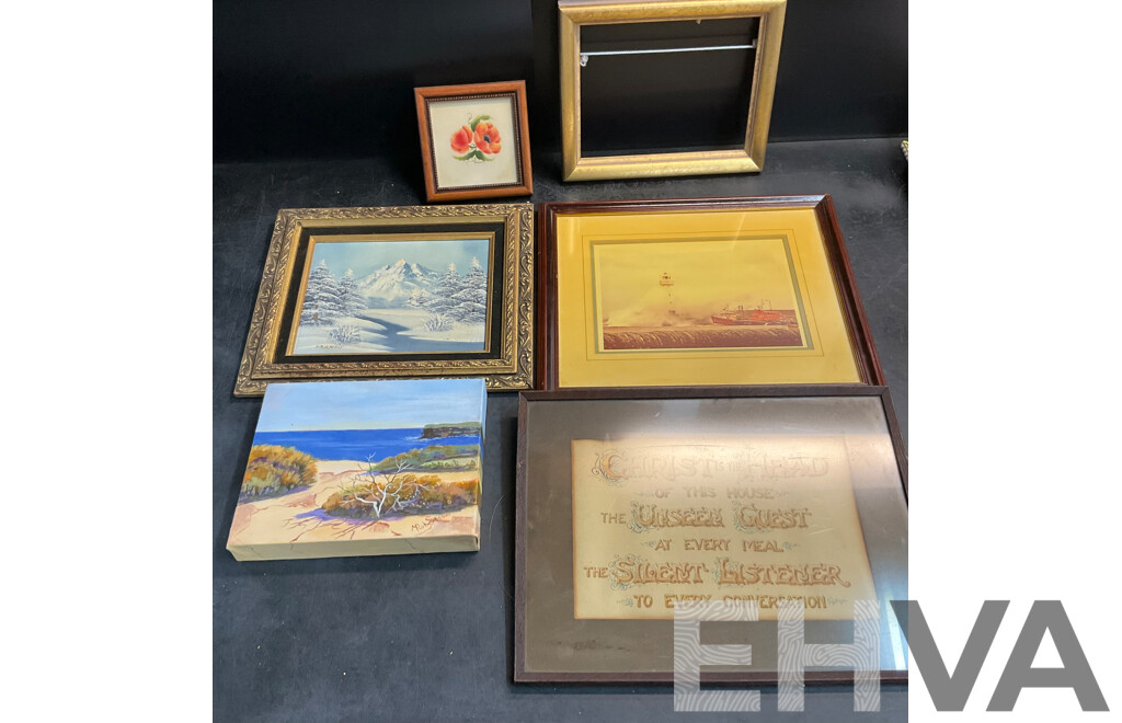 Framed 'Christ is the Head' Poem/ White Snow Painting /Sea Cliff Painting and More