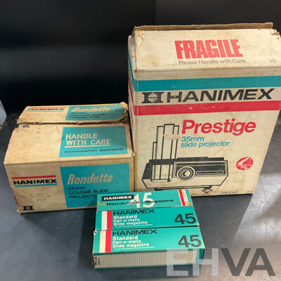 2 X Vintage HANIMEX 35mm Slide Projectors (800RF & 1800RF) with 3 X Han-o-matic Magazines