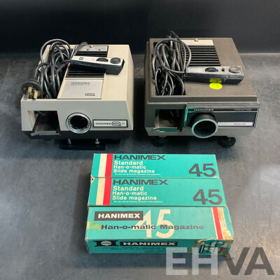 2 X Vintage HANIMEX 35mm Slide Projectors (800RF & 1800RF) with 3 X Han-o-matic Magazines
