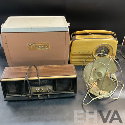 Vintage Household Items Collection - ESKY Portable Cooler, Bush Radio, Rambler Radio, Hecla Turbaire Fan