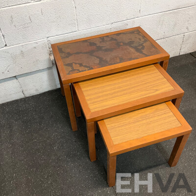 Vintage Square Carved Side Table &  Wood Grain Nesting Tables