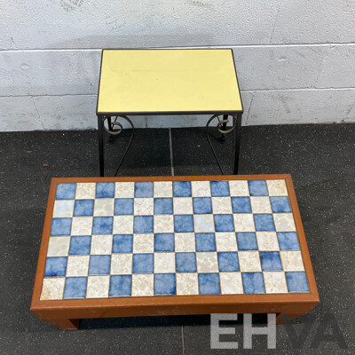 Vintage Yellow Tile Top Metal-Leg Table & Blue with White Damier Table