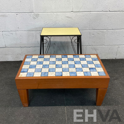 Vintage Yellow Tile Top Metal-Leg Table & Blue with White Damier Table