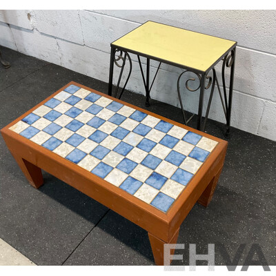 Vintage Yellow Tile Top Metal-Leg Table & Blue with White Damier Table
