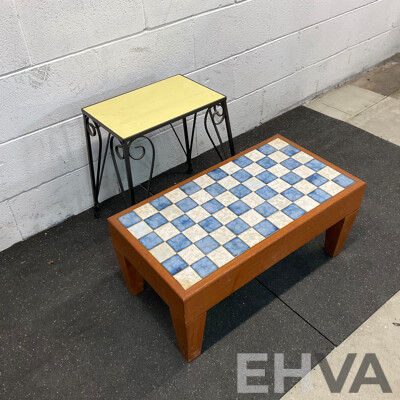 Vintage Yellow Tile Top Metal-Leg Table & Blue with White Damier Table