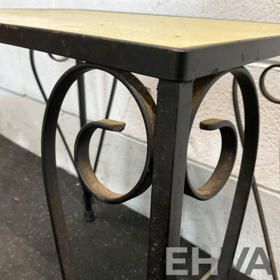 Vintage Yellow Tile Top Metal-Leg Table & Blue with White Damier Table