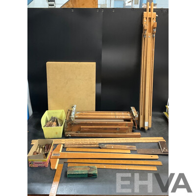 French Portable Artist's Easel & Assorted Vintage Crafting Tools, Ruler, Board, and More