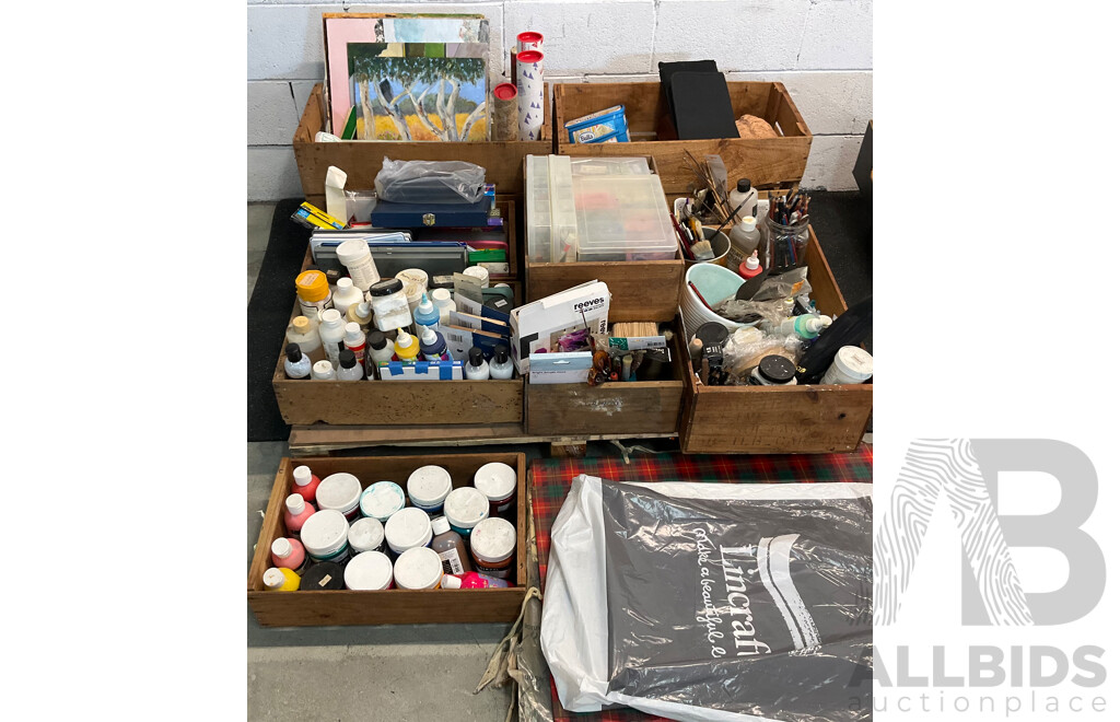 Pallet of Acrylic Paint, Pens, Brushes, Tools, Accessories, and Paper