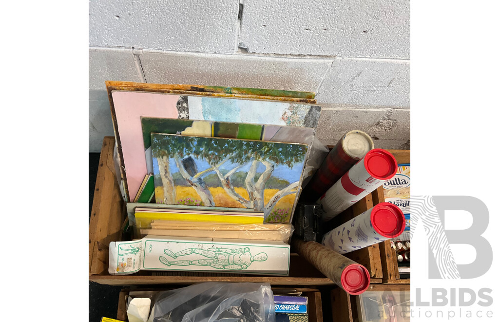 Pallet of Acrylic Paint, Pens, Brushes, Tools, Accessories, and Paper