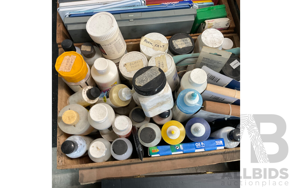 Pallet of Acrylic Paint, Pens, Brushes, Tools, Accessories, and Paper