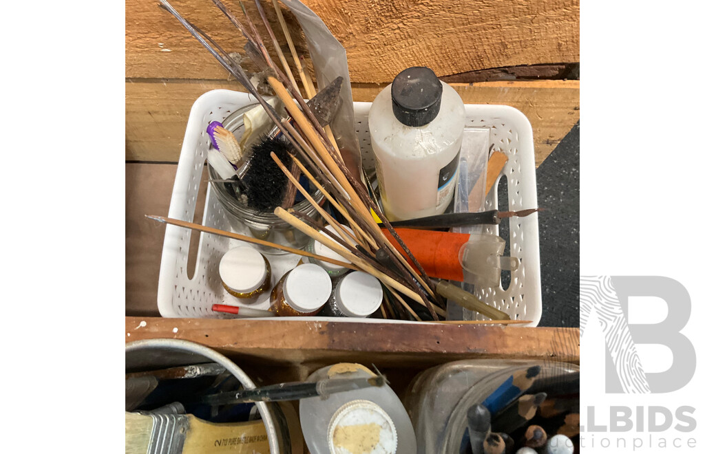 Pallet of Acrylic Paint, Pens, Brushes, Tools, Accessories, and Paper