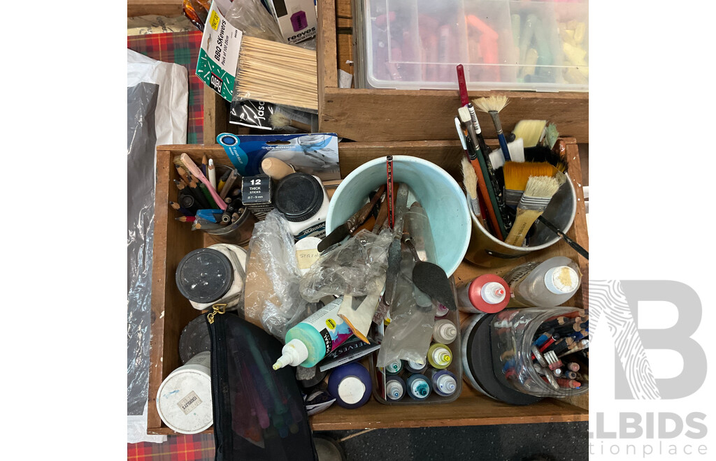 Pallet of Acrylic Paint, Pens, Brushes, Tools, Accessories, and Paper