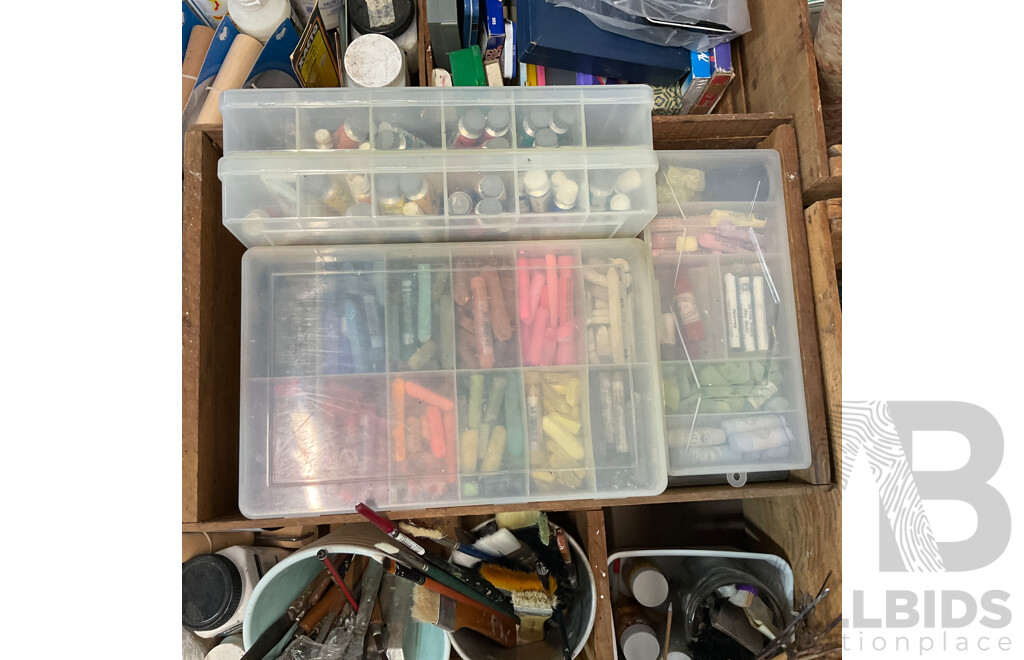 Pallet of Acrylic Paint, Pens, Brushes, Tools, Accessories, and Paper