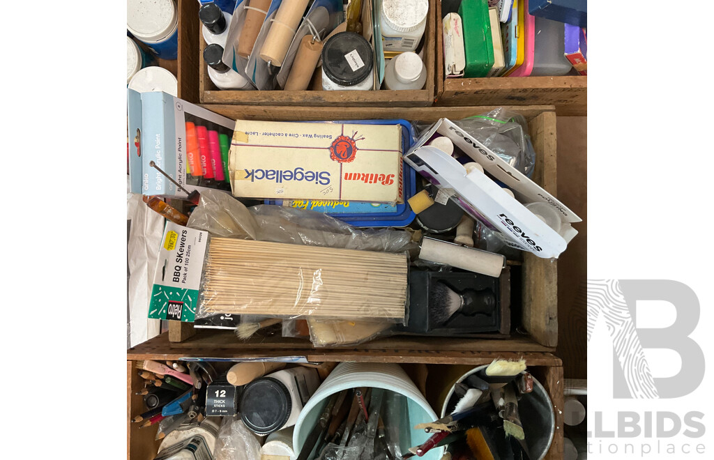 Pallet of Acrylic Paint, Pens, Brushes, Tools, Accessories, and Paper