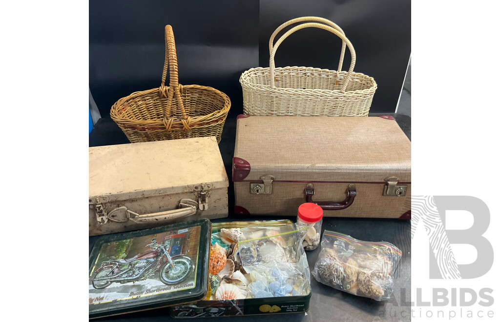 Vintage Suitcase, Picnic Basket, and Collection of Shells