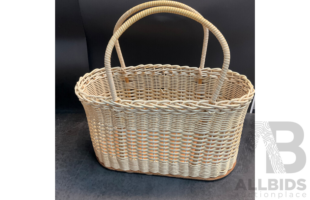 Vintage Suitcase, Picnic Basket, and Collection of Shells