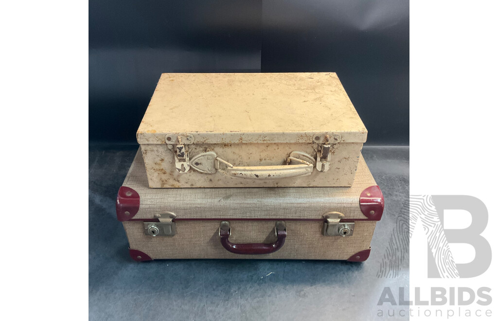 Vintage Suitcase, Picnic Basket, and Collection of Shells