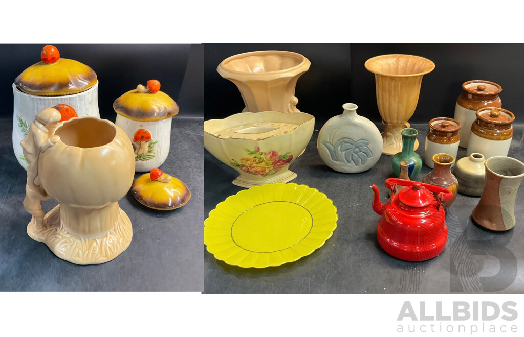 Vintage Ceramic Collection & Glass Flower Plate and Red Metel Teapot