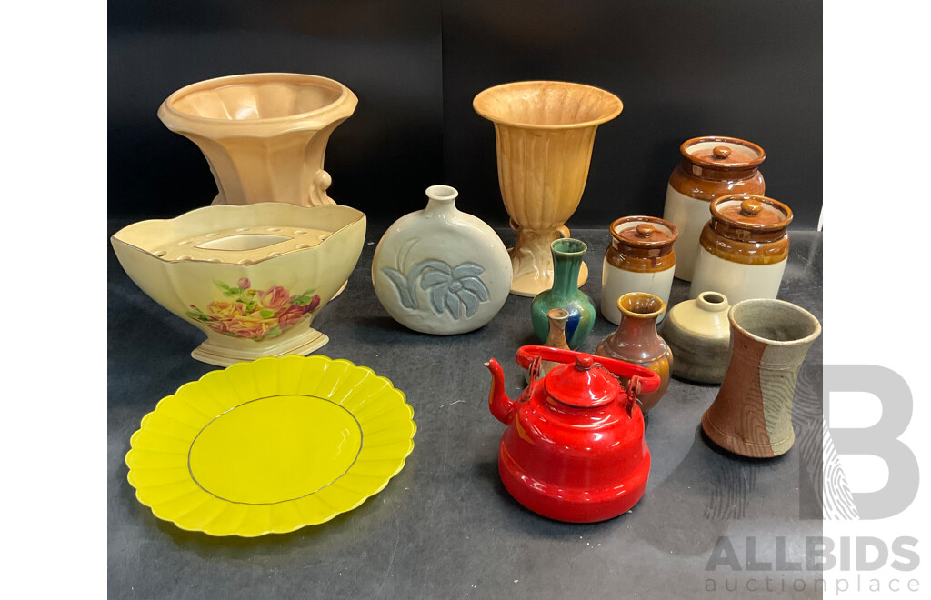 Vintage Ceramic Collection & Glass Flower Plate and Red Metel Teapot