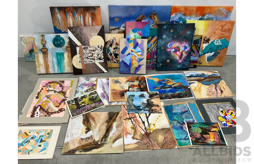 Marilyn Robertson Abstract Paintings - Mixed Media on Board, Canvas and Paper - Lot of 28