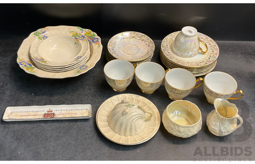 Westminster Pearlescent Tea Set & Belleek Shell Tea Set & MYOTT Glory Soup Plates & 1977 Queen Elizabeth II Silver Jubilee Tray