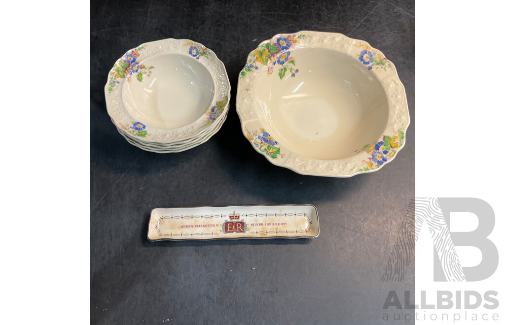 Westminster Pearlescent Tea Set & Belleek Shell Tea Set & MYOTT Glory Soup Plates & 1977 Queen Elizabeth II Silver Jubilee Tray
