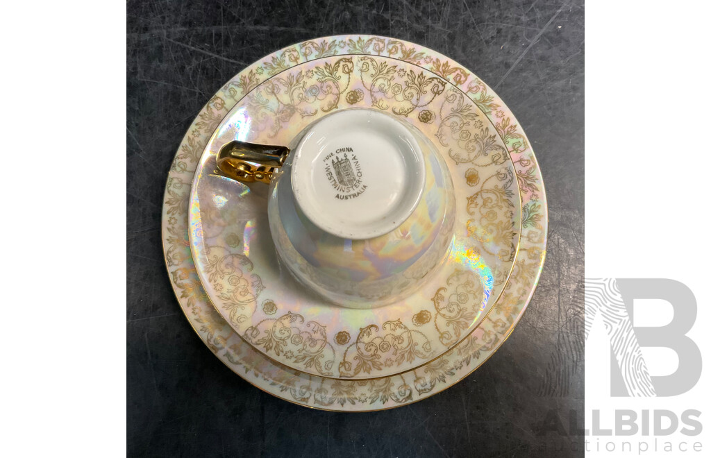 Westminster Pearlescent Tea Set & Belleek Shell Tea Set & MYOTT Glory Soup Plates & 1977 Queen Elizabeth II Silver Jubilee Tray