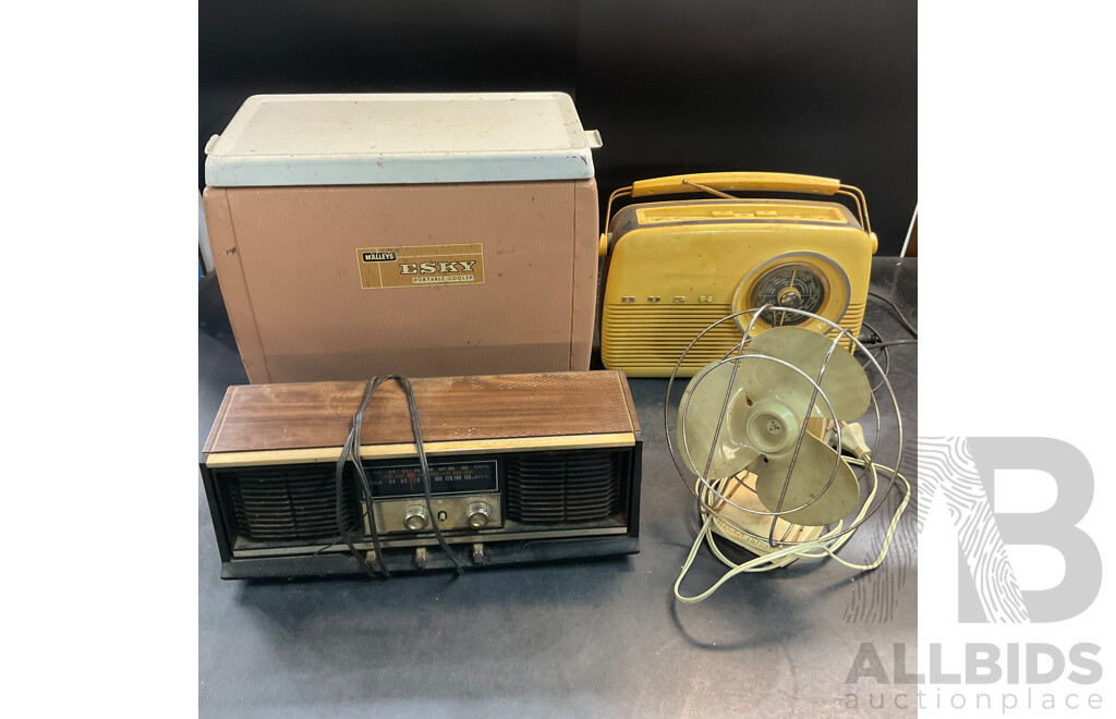 Vintage Household Items Collection - ESKY Portable Cooler, Bush Radio, Rambler Radio, Hecla Turbaire Fan