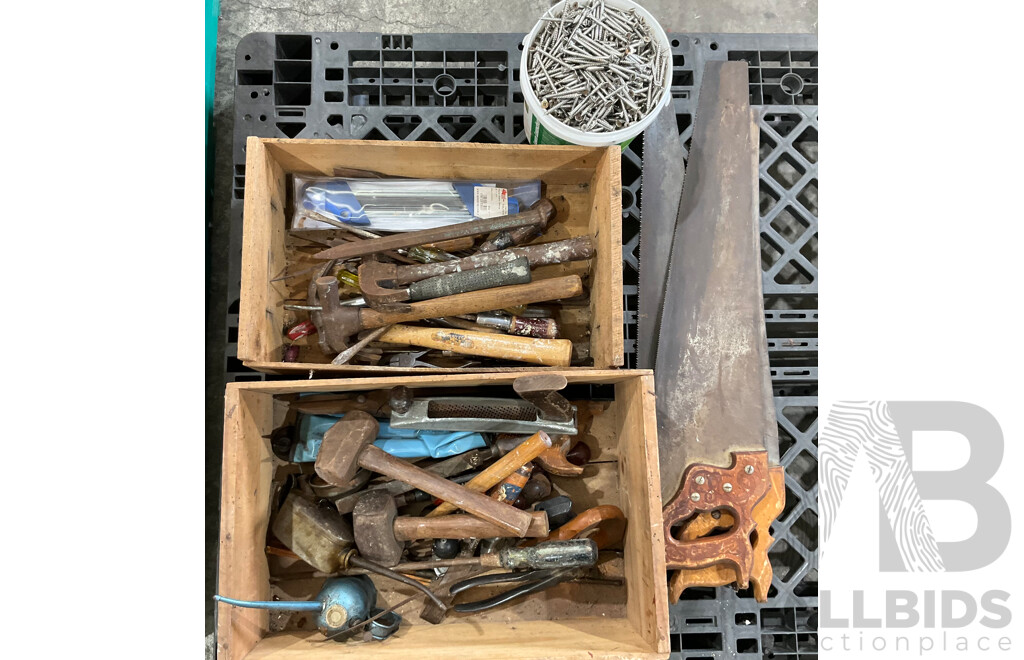 Assorted Vintage Hand Tools & Bucket of Screws