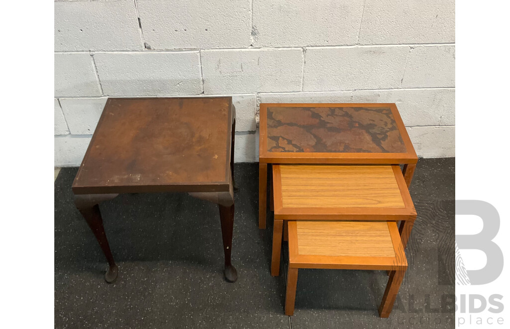 Vintage Square Carved Side Table &  Wood Grain Nesting Tables