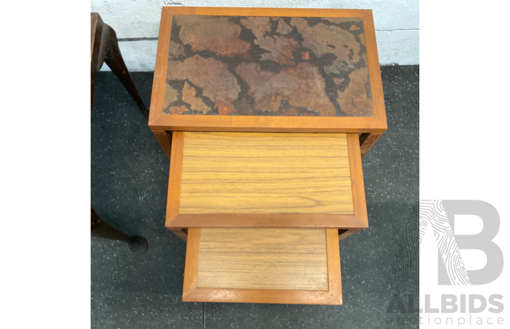 Vintage Square Carved Side Table &  Wood Grain Nesting Tables