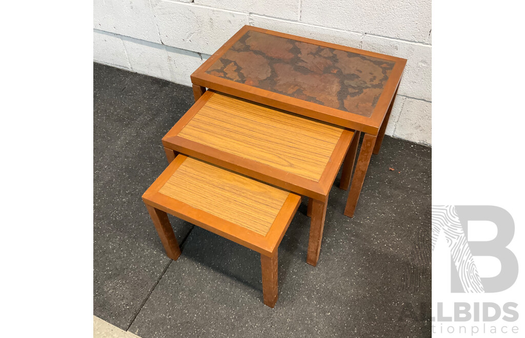 Vintage Square Carved Side Table &  Wood Grain Nesting Tables