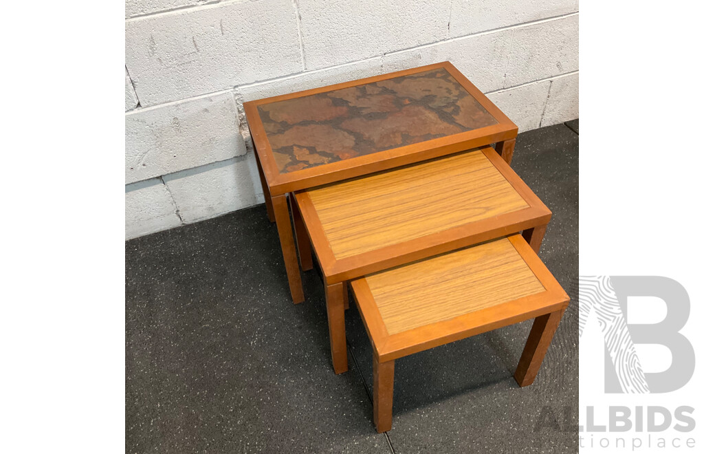 Vintage Square Carved Side Table &  Wood Grain Nesting Tables