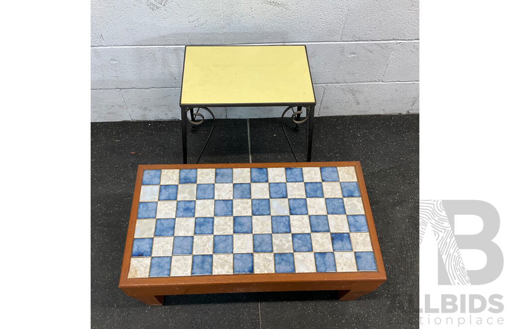 Vintage Yellow Tile Top Metal-Leg Table & Blue with White Damier Table