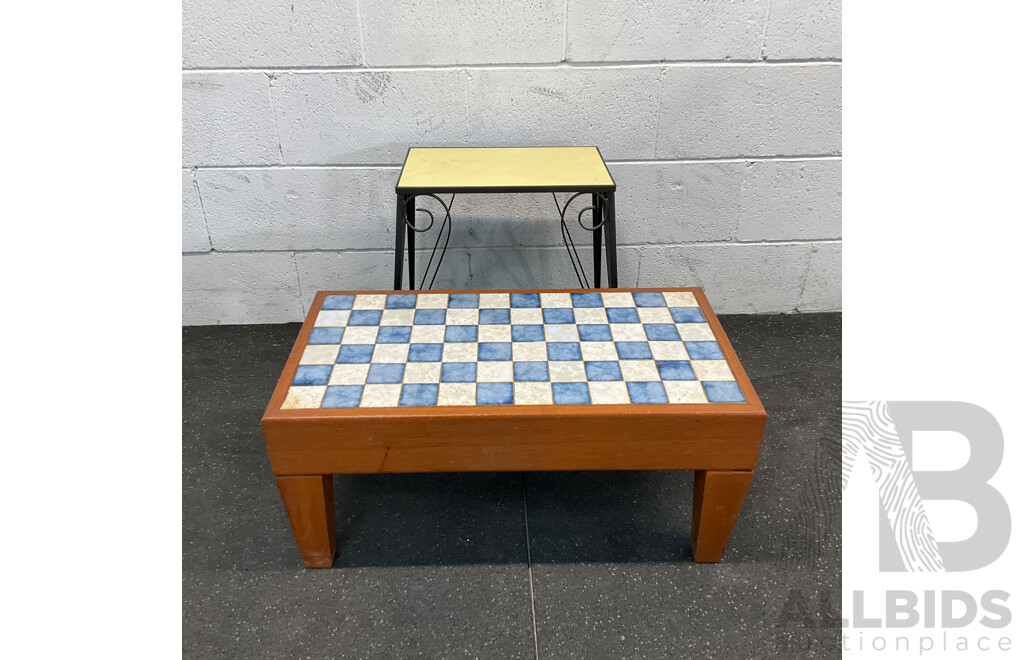 Vintage Yellow Tile Top Metal-Leg Table & Blue with White Damier Table