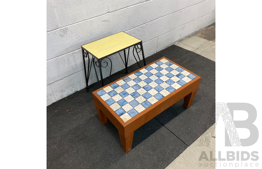 Vintage Yellow Tile Top Metal-Leg Table & Blue with White Damier Table