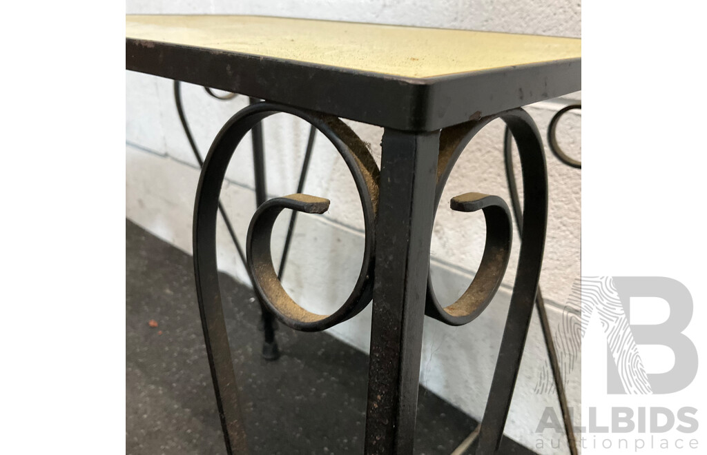 Vintage Yellow Tile Top Metal-Leg Table & Blue with White Damier Table