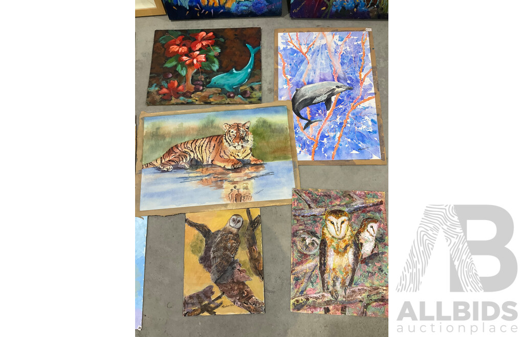 Marilyn Robertson, Animals Paintings - Mixed Media on Board, Canvas and Paper - Lot of 19