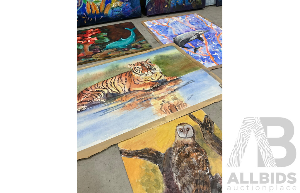 Marilyn Robertson, Animals Paintings - Mixed Media on Board, Canvas and Paper - Lot of 19