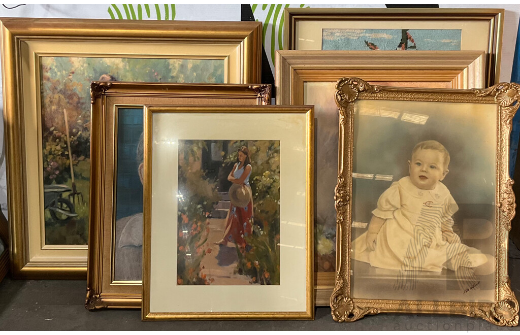 Assorted Portrait / Human Figure Painting, Stitching Work, Artwork - Lot of 6