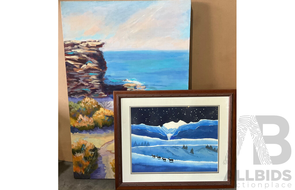 Sea Cliff Lookout Painting on Canvas & Night Snow Deer Painting