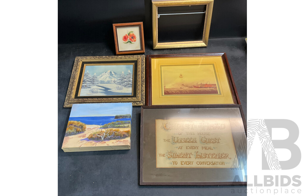 Framed 'Christ is the Head' Poem/ White Snow Painting /Sea Cliff Painting and More